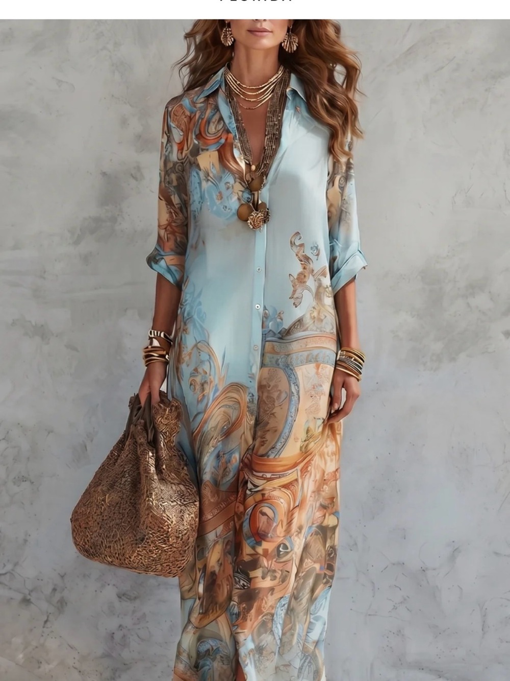 Source Unknown Light Blue, Rust & Teal Paisley Button-Front Maxi Dress - Picture 4 of 5